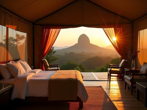 Luxury safari tent with view of Sigiriya Rock at sunset
