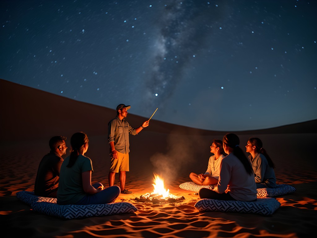 Indigenous guide explaining traditional star knowledge with travelers in Namibian desert