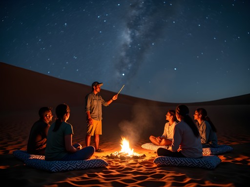 Indigenous guide explaining traditional star knowledge with travelers in Namibian desert