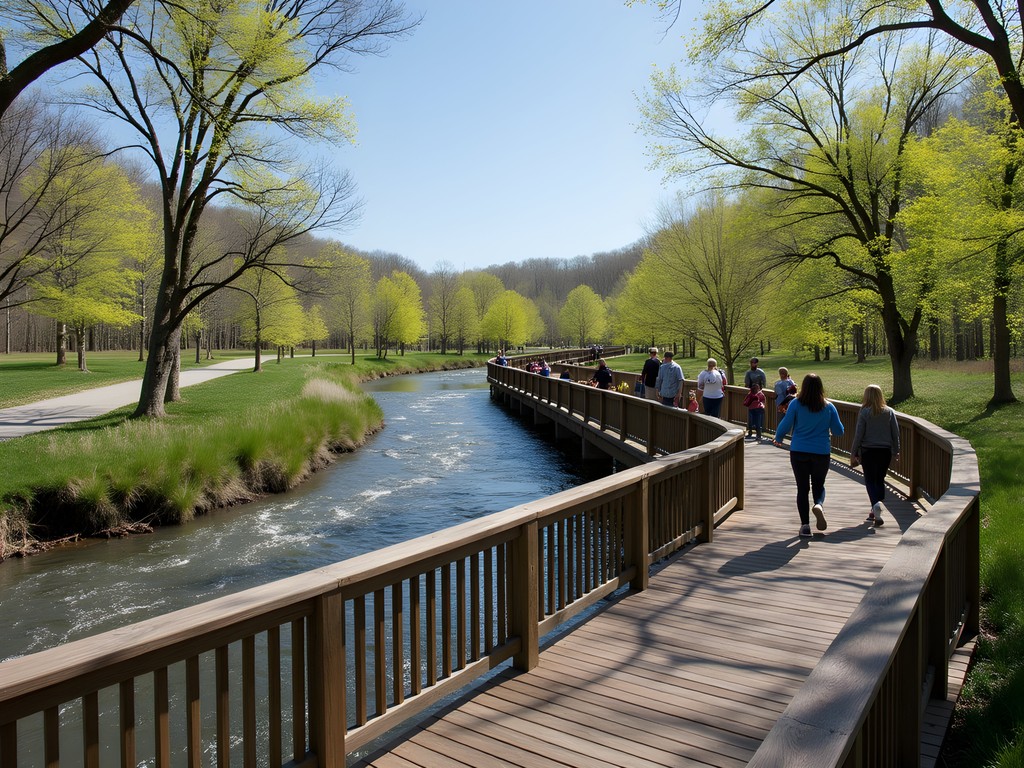 Wooden observation deck overlooking Clinton River in Sterling Heights park