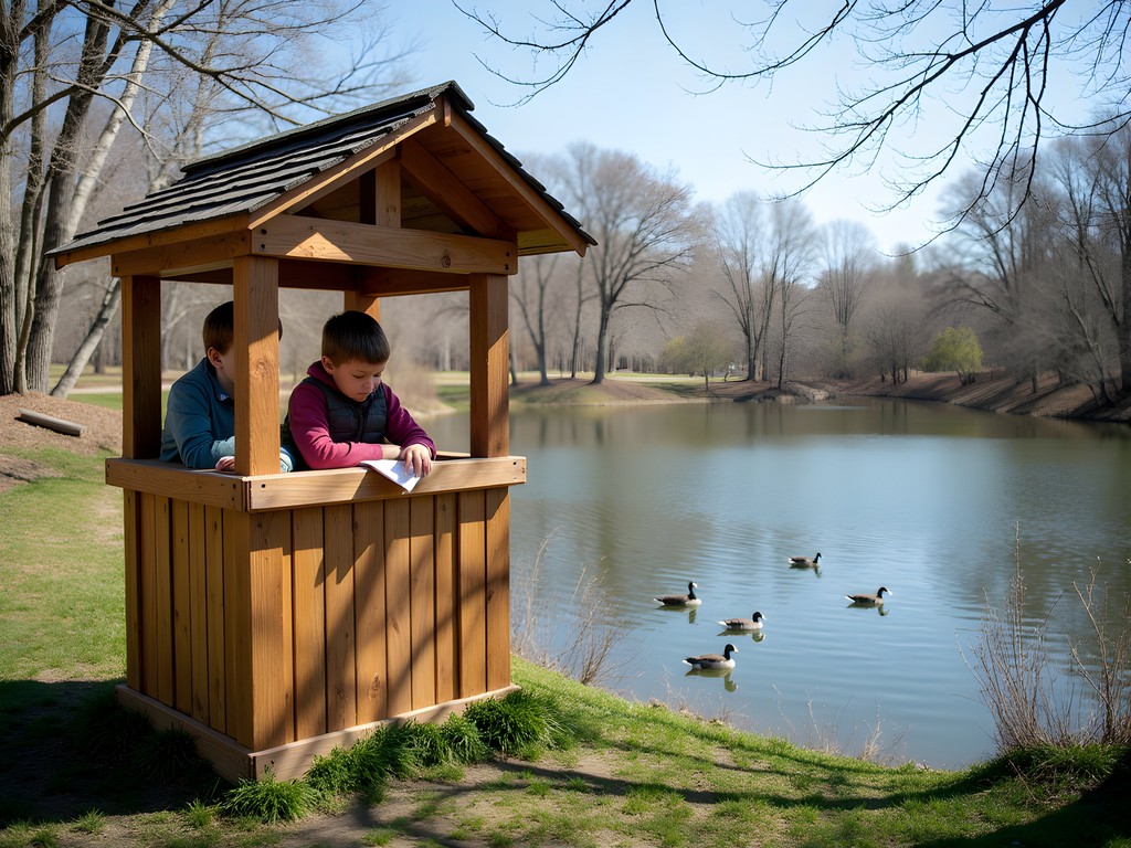 Wooden bird blind overlooking pond with waterfowl at Holland Ponds in Sterling Heights
