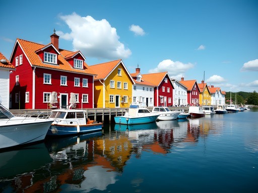 Colorful traditional wooden houses along Vaxholm's waterfront with boats in foreground