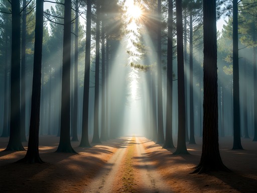 Sunlight filtering through rows of pine trees in Manchester State Forest