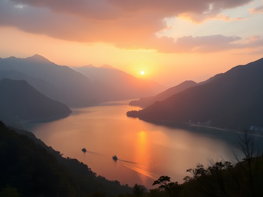 Spectacular sunrise over Sun Moon Lake with golden light reflecting on water and silhouetted mountains