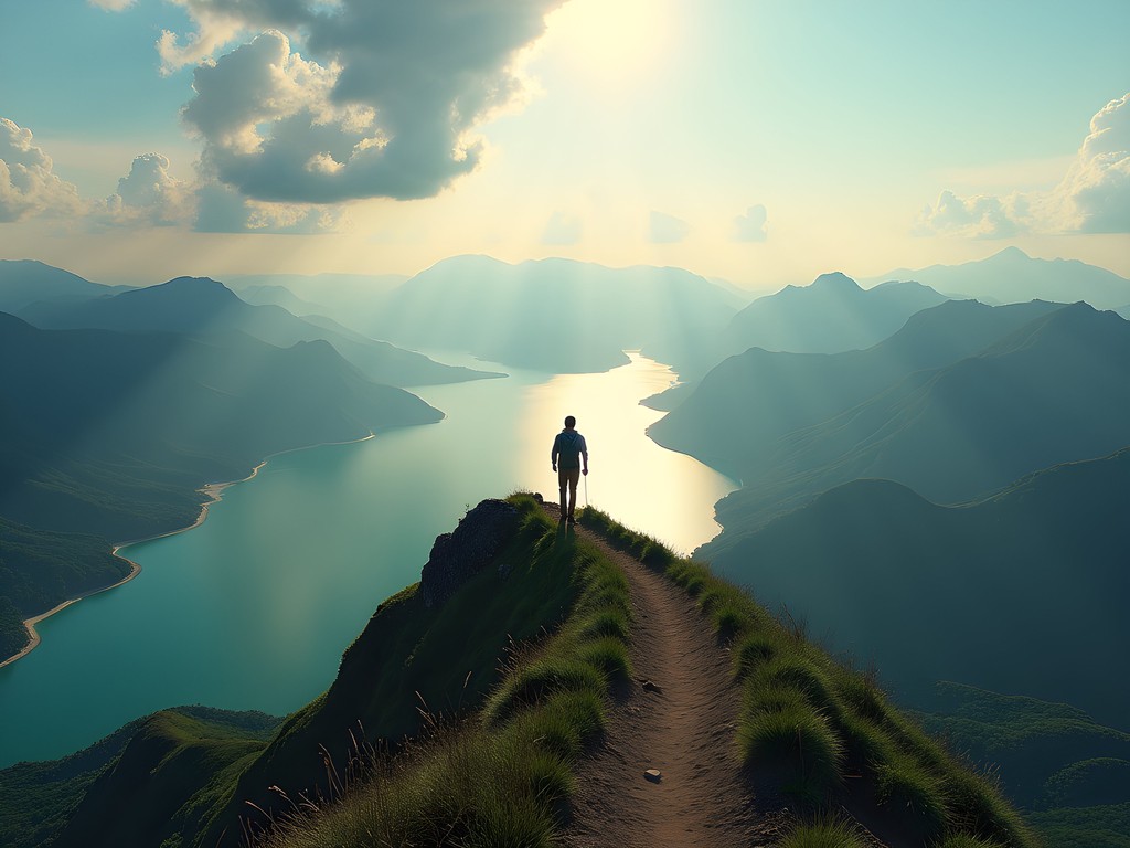 Hiker on mountain ridge trail overlooking Sun Moon Lake with dramatic clouds and mountain ranges