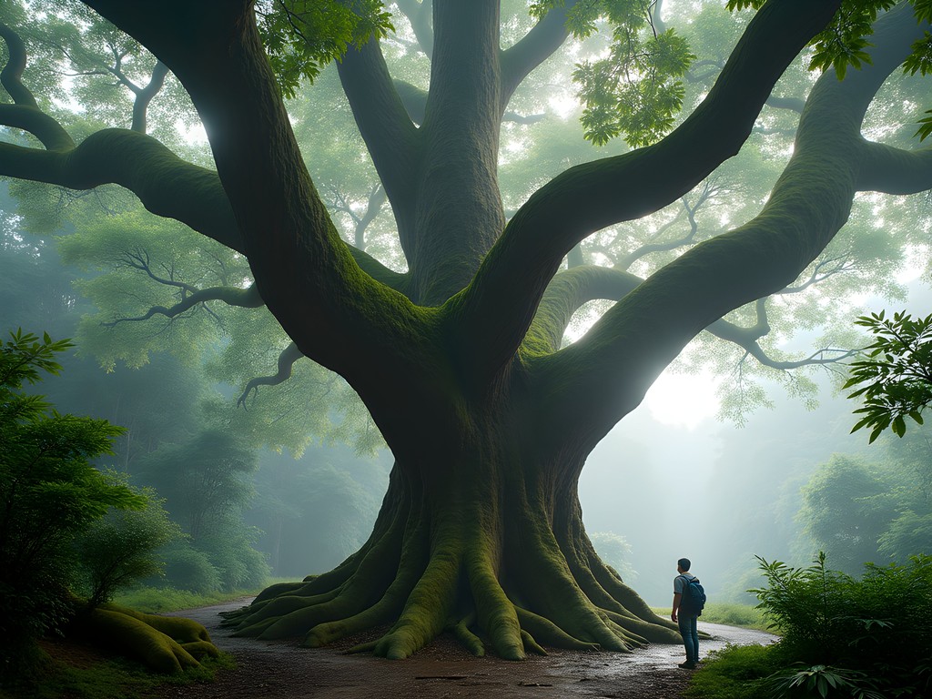 Ancient massive camphor tree with thick trunk and spreading branches in misty forest