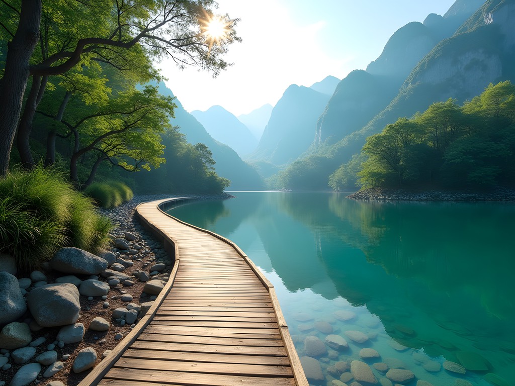 Wooden boardwalk trail along Sun Moon Lake shoreline with clear blue water and mountain reflections