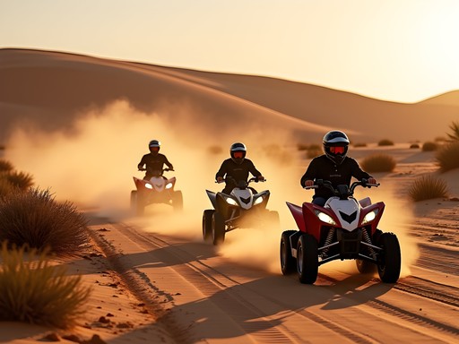 Quad bikes riding through Namib Desert dunes near Swakopmund Namibia