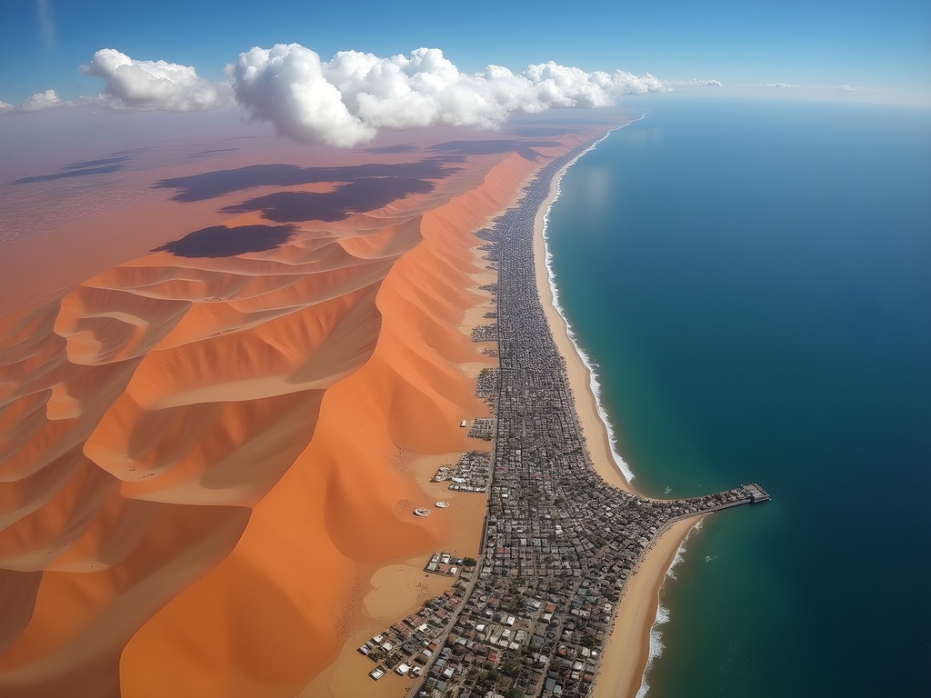 Aerial view during skydive over Namib Desert and Atlantic Ocean in Swakopmund