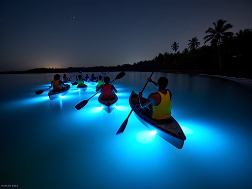 Nighttime bioluminescent kayaking tour near Tamarindo showing glowing blue waters