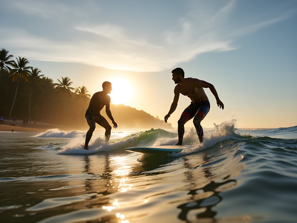 Early morning surf lesson at Playa Tamarindo with golden sunrise