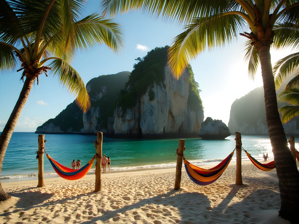Hammocks on rocky outcrop at Cabo San Juan beach Tayrona National Park during golden hour