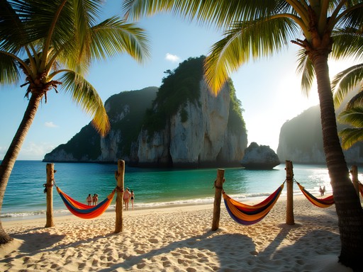 Hammocks on rocky outcrop at Cabo San Juan beach Tayrona National Park during golden hour