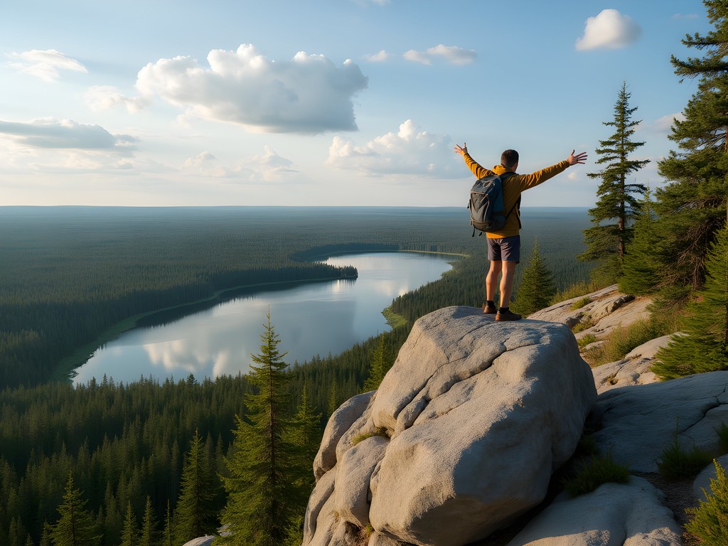Hiker standing on rocky overlook above Gillies Lake with boreal forest stretching to horizon