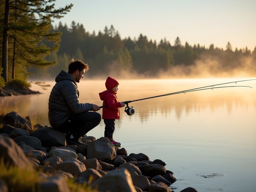 Parent and child shore fishing at Kettle Lakes Provincial Park with forest backdrop