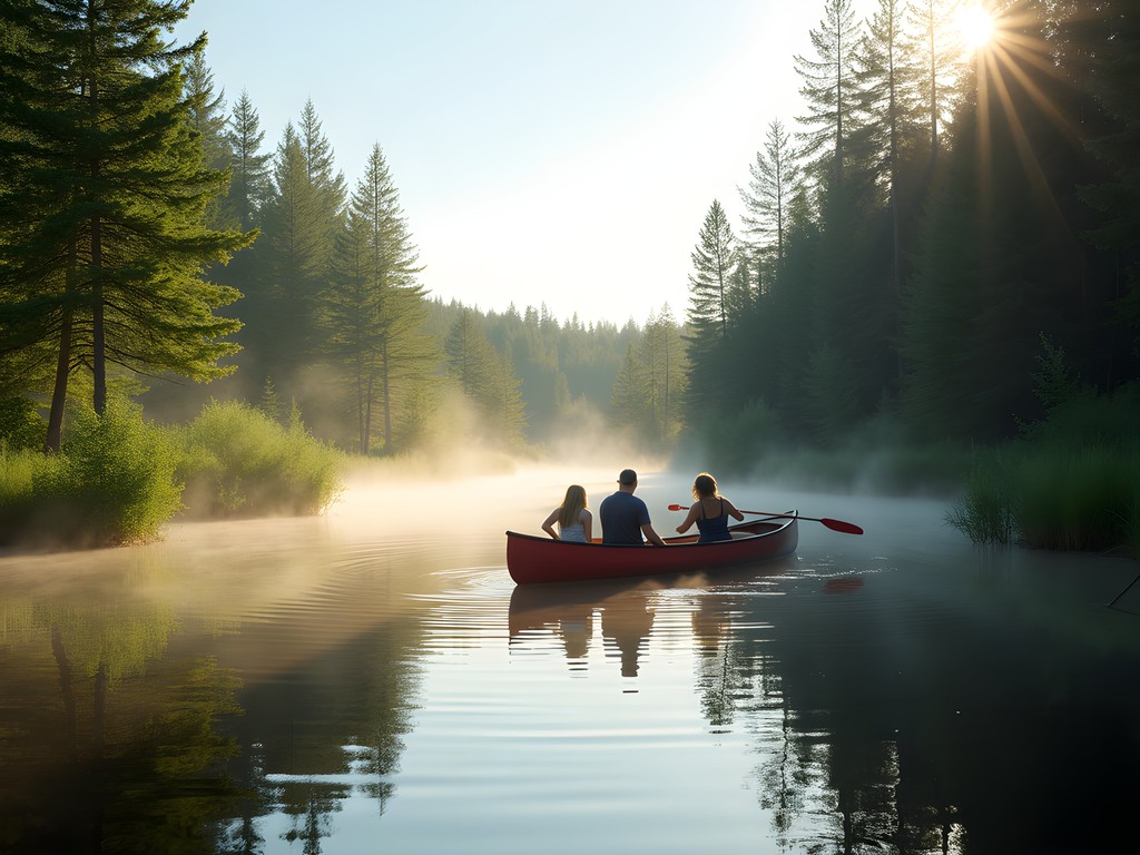 Family canoeing on calm Mattagami River surrounded by boreal forest in summer