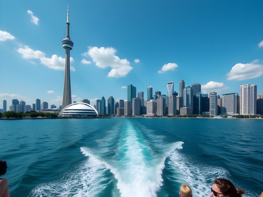Ferry crossing to Toronto Islands with city skyline in background