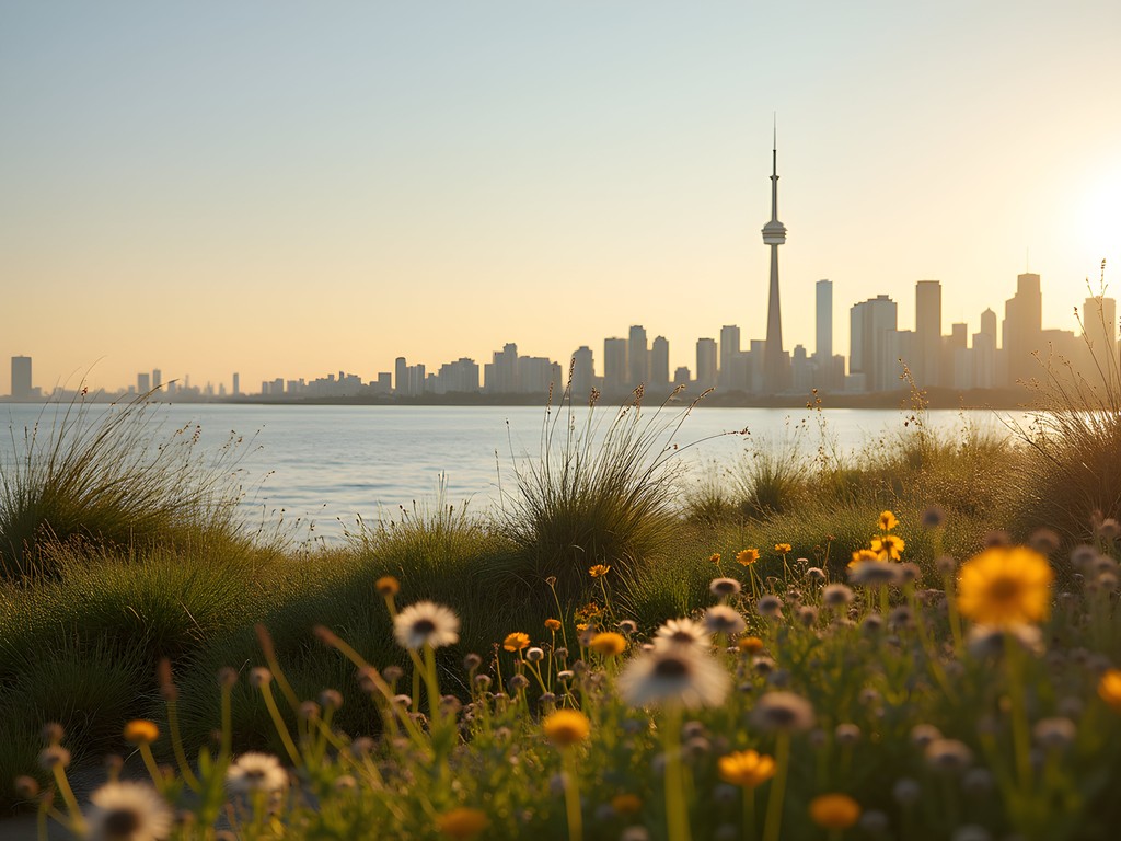 Toronto skyline viewed from naturalized area of Leslie Street Spit with wildflowers in foreground