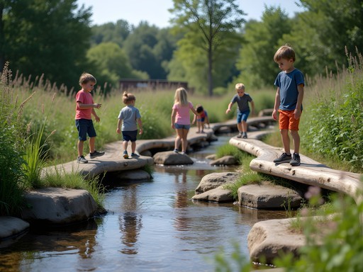 Children playing in natural playground at Evergreen Brick Works with wetlands in background