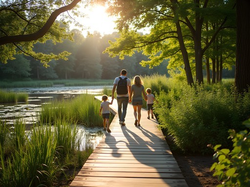Family walking along Grenadier Pond boardwalk in High Park Toronto