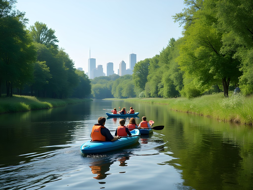 Family kayaking on Humber River with Toronto skyline visible in distance