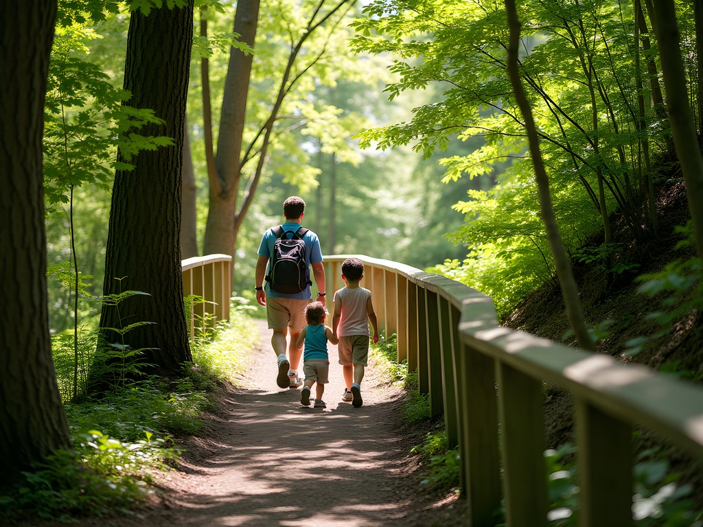 Family hiking through forest trail in Rouge National Urban Park Toronto