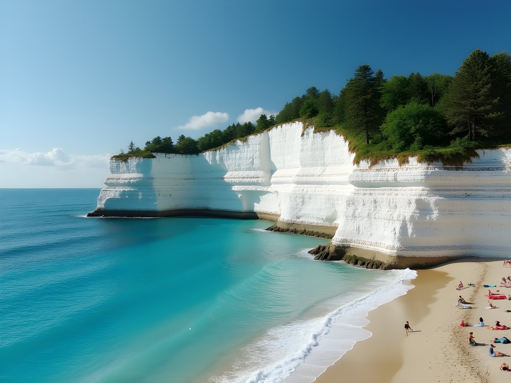 White cliffs of Scarborough Bluffs with Lake Ontario and family on beach