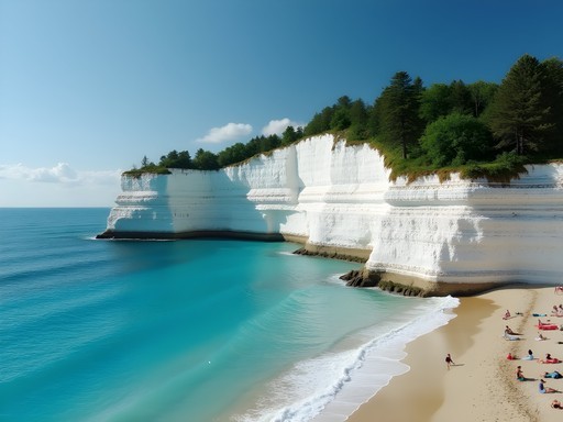 White cliffs of Scarborough Bluffs with Lake Ontario and family on beach