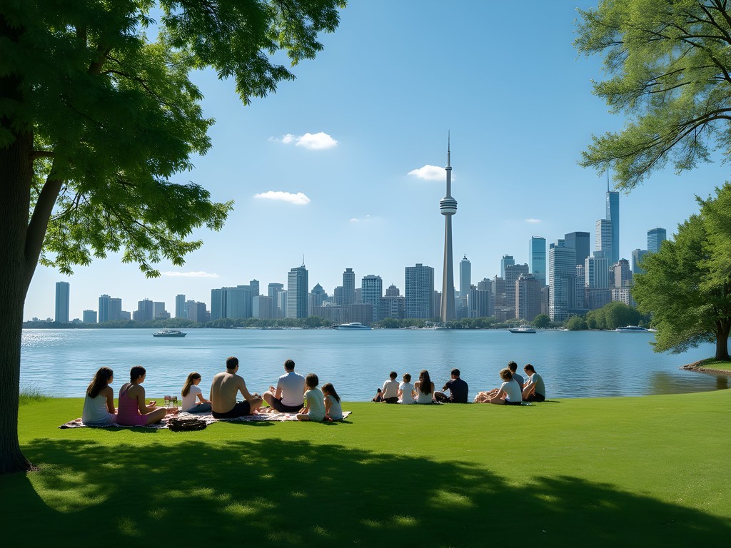 Toronto skyline view from Toronto Islands with family enjoying picnic