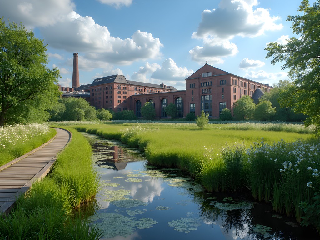 Restored wetlands at Don Valley Brick Works with industrial heritage structures in background