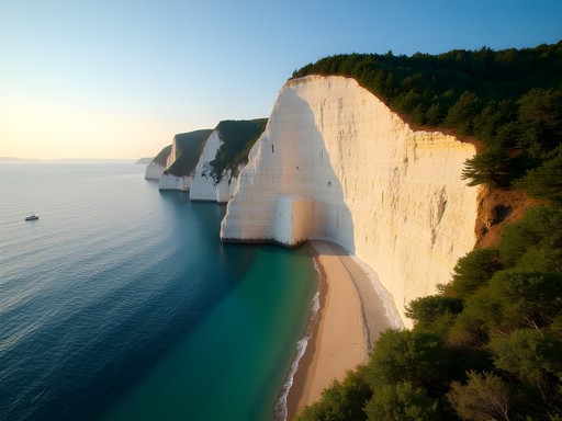 Dramatic white clay cliffs of Scarborough Bluffs rising above Lake Ontario shoreline
