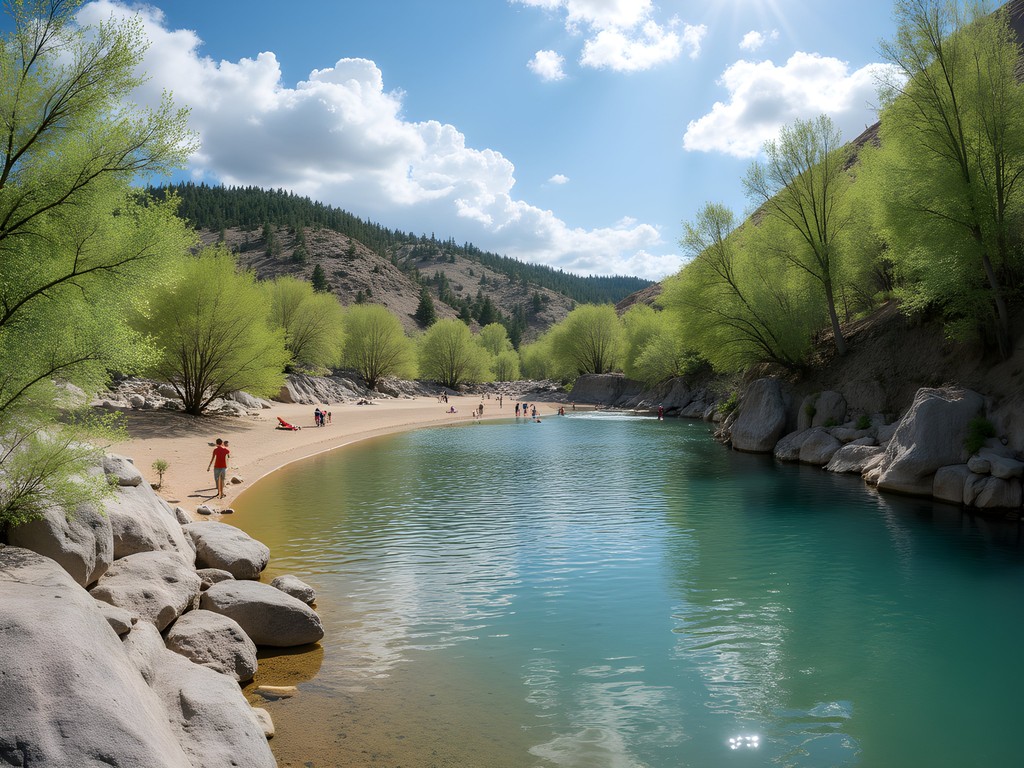 Families enjoying Dierkes Lake swimming area in Twin Falls, Idaho during spring