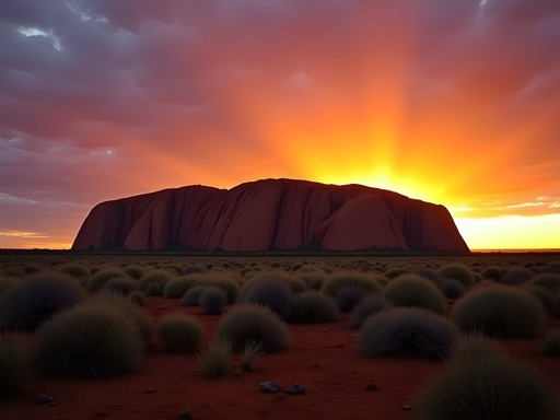 Uluru changing colors at sunrise with silhouetted desert landscape