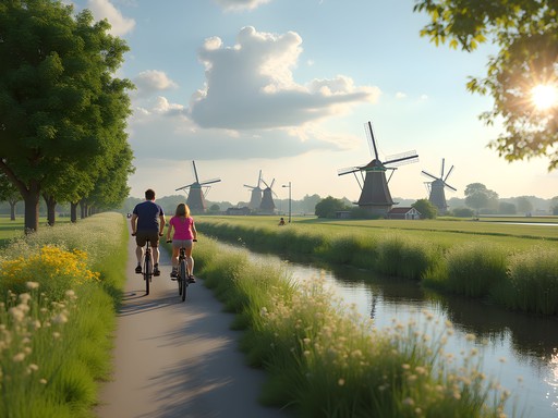Family cycling along the rural Leidsche Rijn canal path outside Utrecht