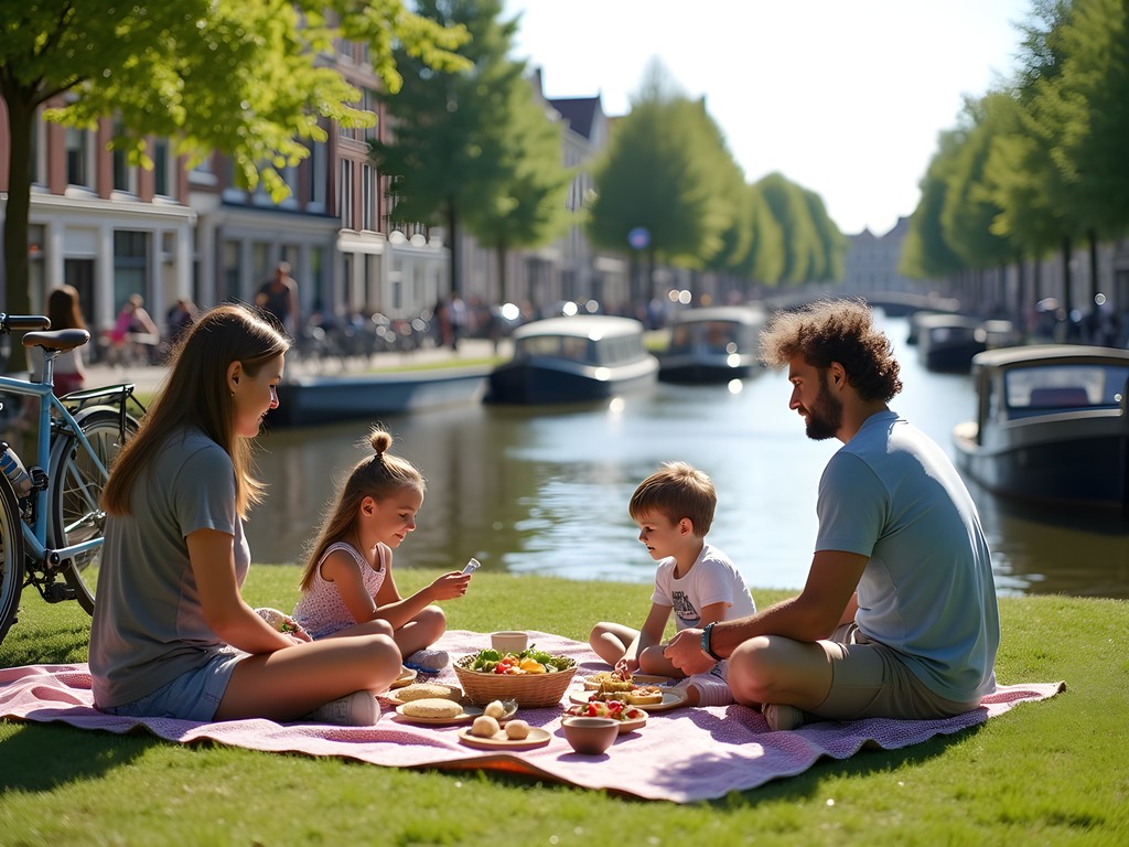 Family enjoying sustainable picnic alongside Utrecht's scenic canals
