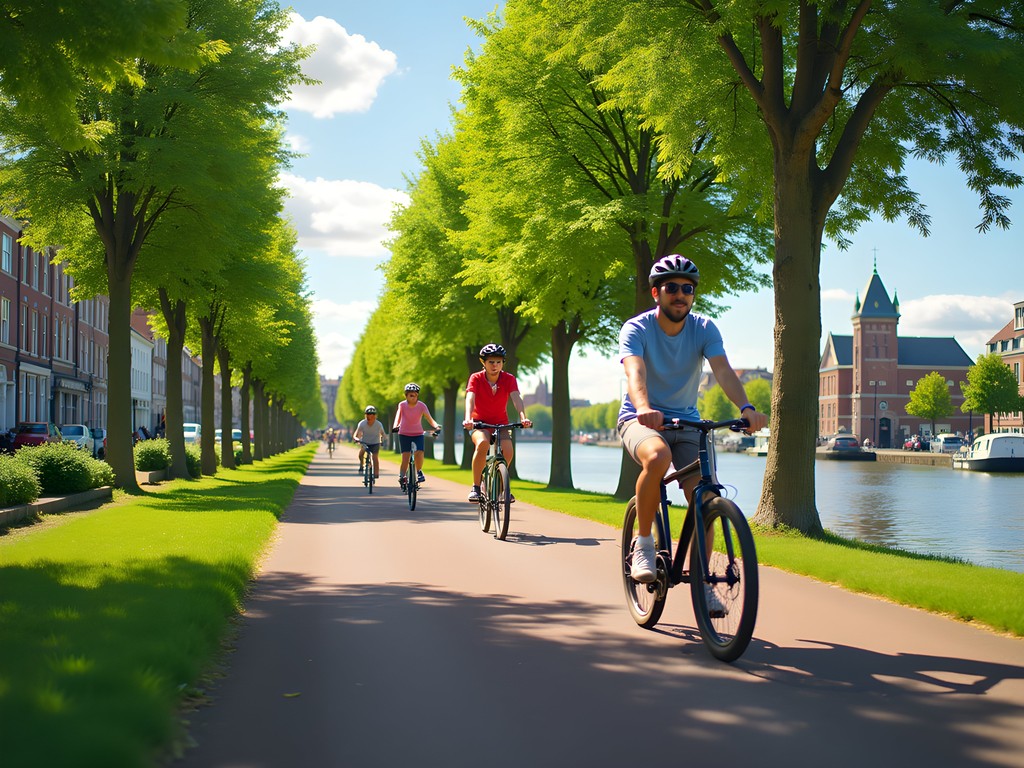 Family cycling along Utrecht's historic Singel canal with medieval fortifications