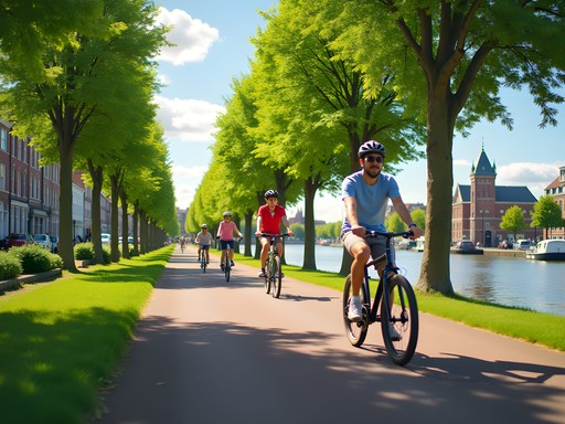 Family cycling along Utrecht's historic Singel canal with medieval fortifications