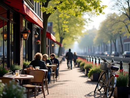 Cozy canal-side café in Utrecht with bicycles parked nearby and outdoor seating