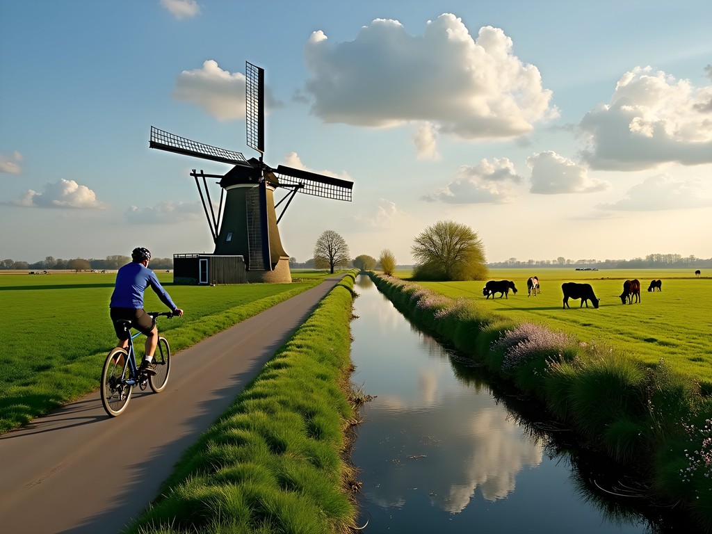 Cyclist on rural canal path outside Utrecht with windmill and Dutch countryside