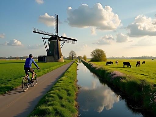Cyclist on rural canal path outside Utrecht with windmill and Dutch countryside