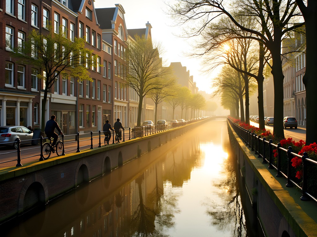 Morning light illuminating Utrecht's two-tiered canal system with cyclists along the waterfront