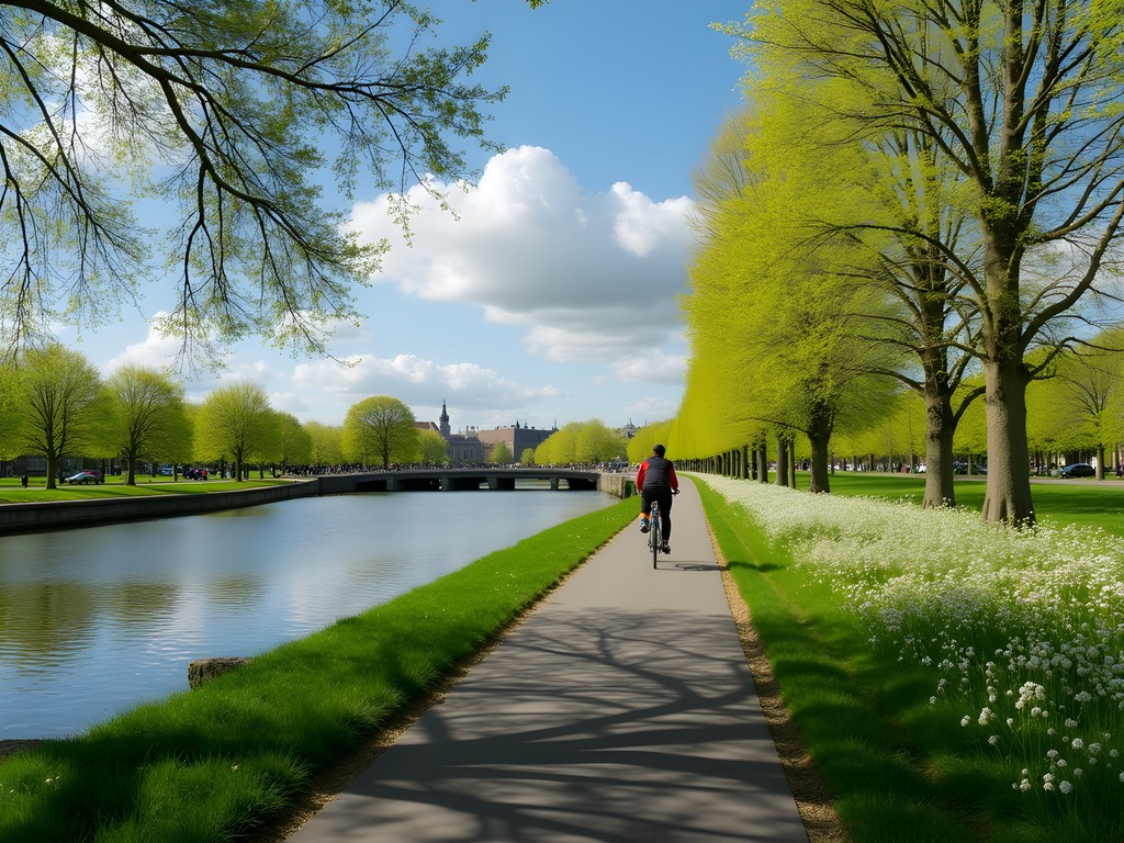 Cyclist on Utrecht's flower-lined Singel canal path during spring bloom