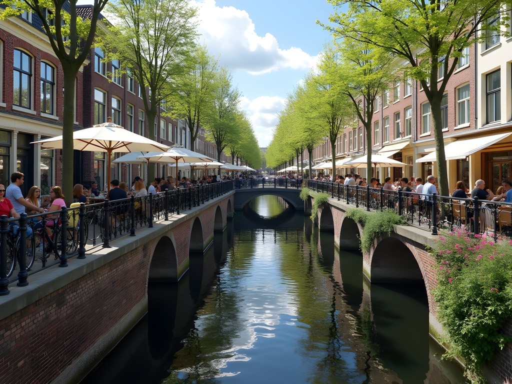 Utrecht's unique wharf cellars with outdoor cafes at water level and cyclists above