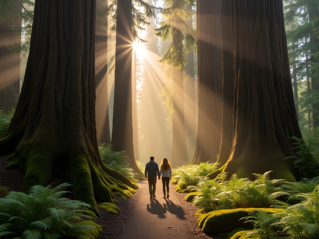 Couple walking among giant ancient Douglas fir trees in Cathedral Grove