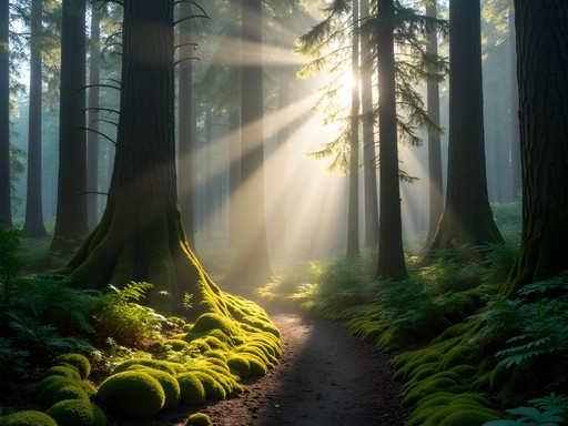 Sunlight filtering through ancient cedars creating cathedral-like atmosphere in Pacific Spirit Park