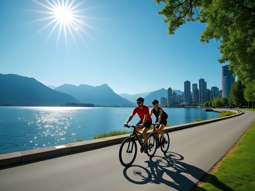 Couple cycling along Stanley Park Seawall with Vancouver skyline and mountains in background