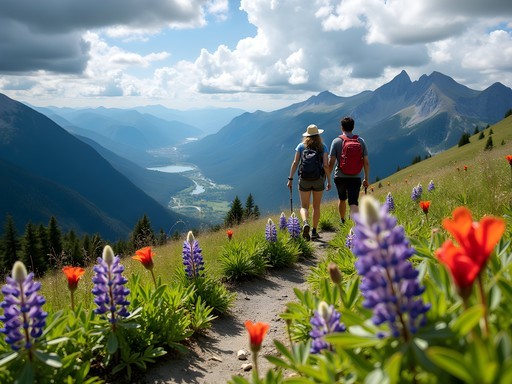 Couple hiking through alpine wildflower meadows on Whistler Mountain with panoramic mountain views