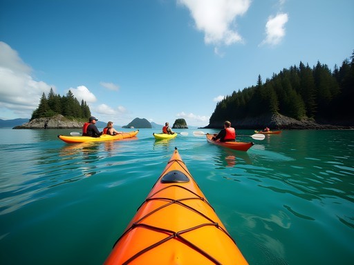 Sea kayakers paddling through the calm waters of the Broken Group Islands with forested islets in background
