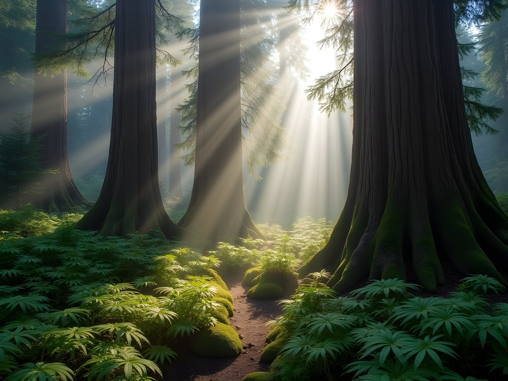 Sunlight filtering through massive ancient Douglas firs in Cathedral Grove, Vancouver Island