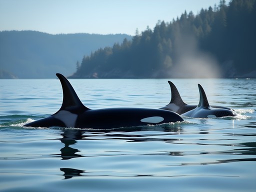 Pod of resident orcas surfacing in the calm waters of Johnstone Strait, Vancouver Island